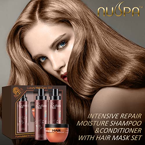 Nuspa Moroccan Argan Oil Shampoo, Conditioner, And Hair Mask Set - Sulfate Free Hair Care Set For Damaged, Dry, Frizzy Hair - Color Safe For Thin, Keratin Treated Hair With Long Lasting Shine #TOP1