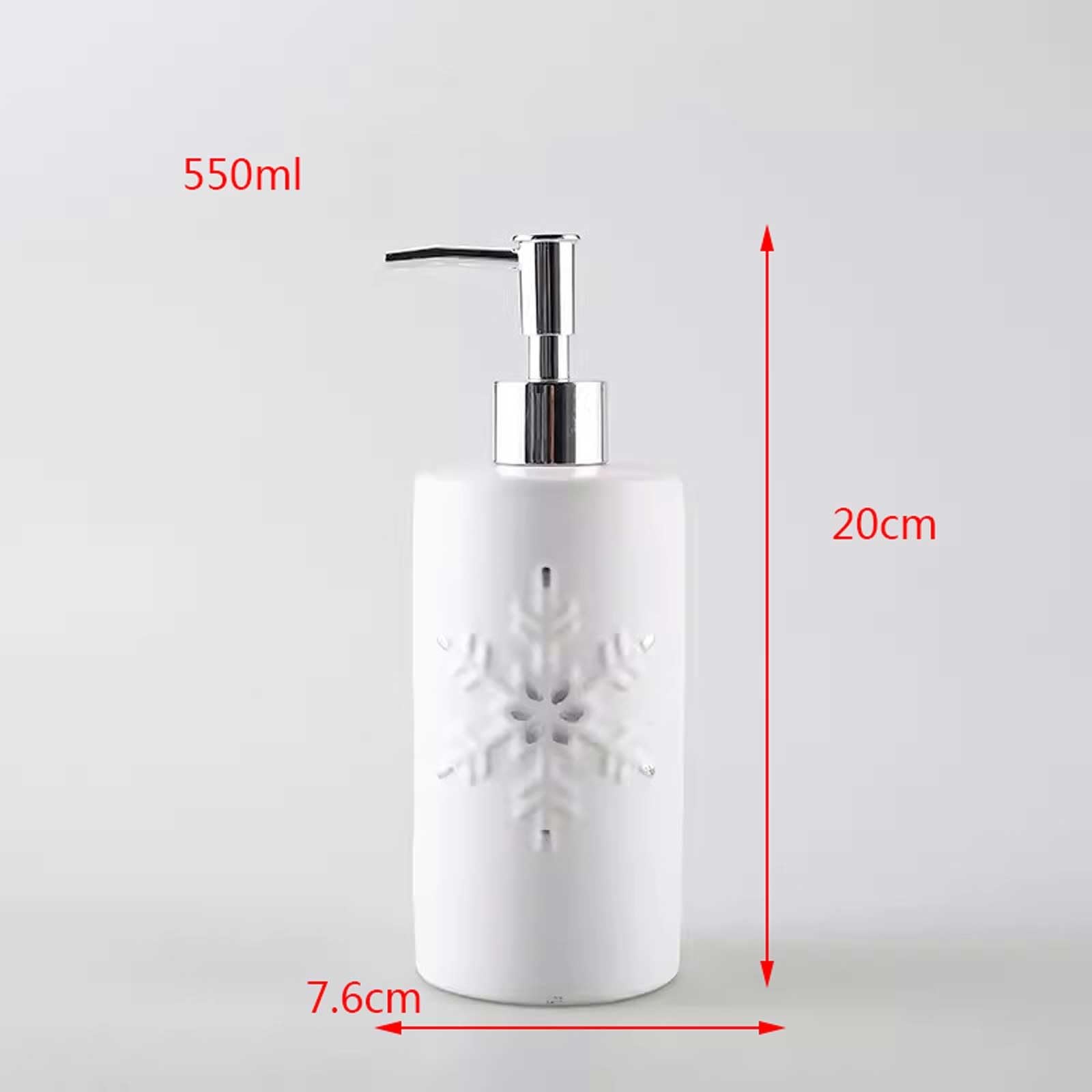 Dispensador de jabón de cerámica para baño, encimera, Relieve, diseño de Copo de Nieve, Blanco, Botella con dosificador, Recargable, para lavavajillas, 550 ml.