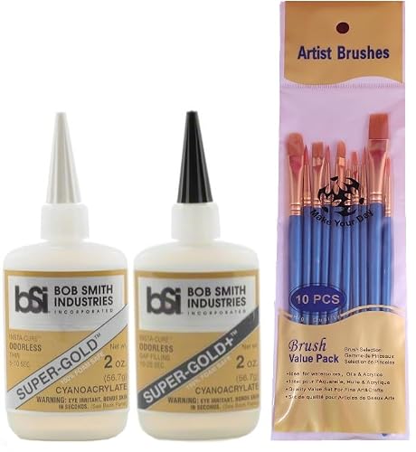 Bob Smith Industries Cyanoacrylate Glue Variety, Odorless Super Glue, Foam Safe, Thin Super-Gold and Gap Filling Medium Super-Gold+ (Pack of 2) - Bundled with Make Your Day Paintbrushes
