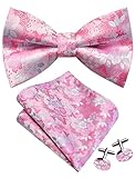 Gusleson Pink Bow Tie and Pocket Square Set for Men Floral Pre-Tied Bowties Cufflinks for Wedding (UK0493-29)