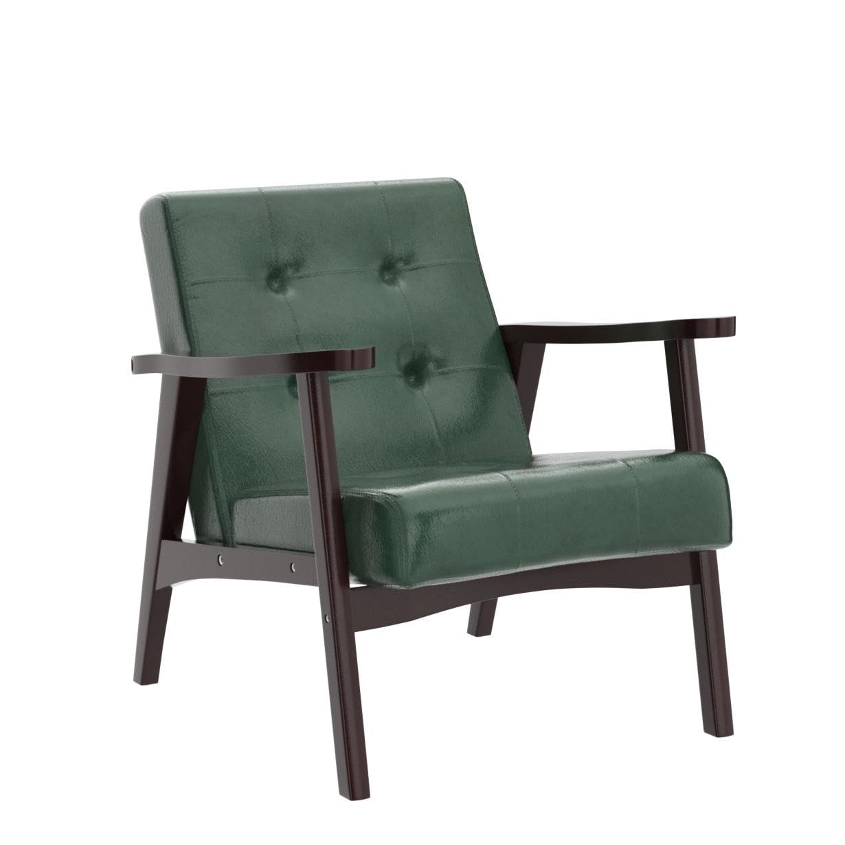 Retro Holzsessel Wohnzimmer Massivholz Gepolsterter Sessel Lounge Sessel mit Armlehnen mittelalterlicher Holzrahmen Designstuhl aus Kunstleder und Eiche für Schlafzimmer Café Balkon Grün