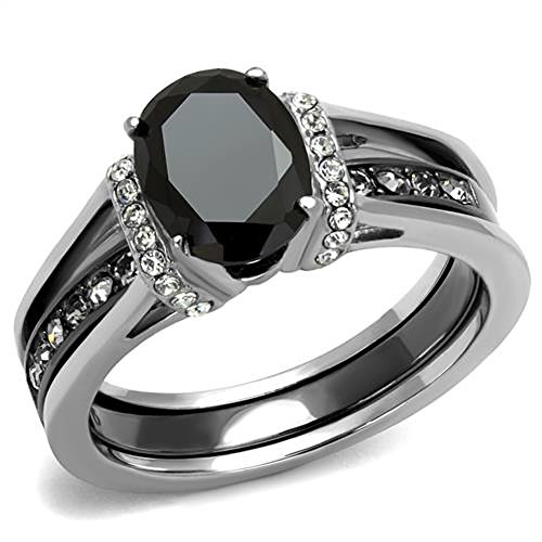 Marimor Jewelry 2.12 Carat Oval Cut Black Cubic Zirconia Two Toned Ion Plated Stainless Steel Wedding Ring Set