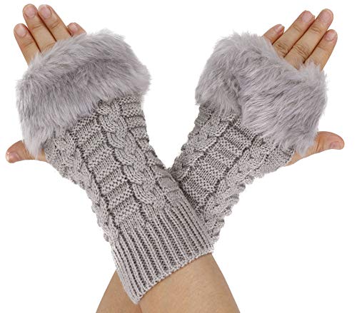 ThunderCloud Women's Warm Winter Faux Fur Knitted Hand Warmer Gloves,Long_L/Grey