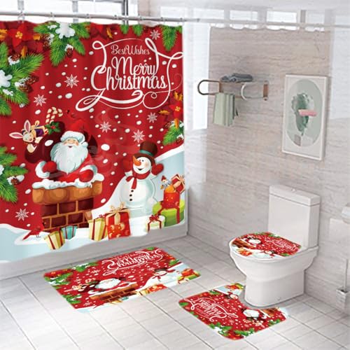 DDS-DUDES Christmas Shower Curtain for Bathroom Xmas Snowman Shower Curtains with 12 Hooks, Christmas Balls Shower Curtain for Bathroom 71x71inches