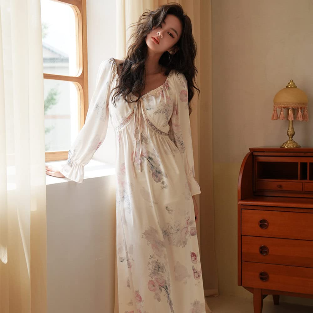 Nachthemd Damen,Damen Nachthemden Beige Satin V-Ausschnitt Krawatte Hohle Spitze Blumendruck Sexy Schlafhemd Weiche Bequeme Lange Ärmel Nachthemd Loungewear Für Damen Mädchen Pyjama Party Weihnac