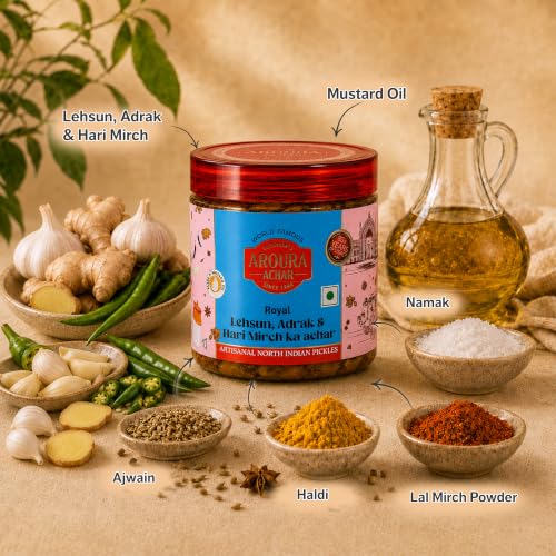 Image of LUCKNOW'S AROURA ACHAR SINCE 1944 Royal Lehsun,Adrak & Hari Mirch Ka Achar 400g for Home Use Home Made With Love No Artificial Colors
