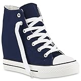  stiefelparadies Damen Sneakers Keilabsatz Sneaker-Wedges Stoffschuhe Schnürer 139812 Dunkelblau Blue 38 Flandell