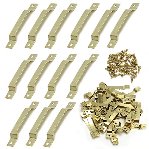 Image of MroMax 50PCS Sawtooth Picture Hangers Iron Picture Hangers 2.56 inch x 0.39 inch Double Hole Picture Frames Hangers for Hanging Clock Paintings Artwork Picture Frame Hook Photos Gold