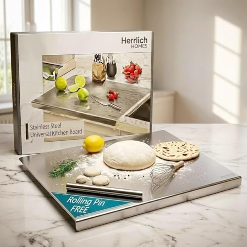Image of Herrlich Homes Premium 304 Stainless Steel Chopping Board with Lip for Kitchen | 50 x 40cm | Free Rollin Pin | for Cutting Vegetables, Fruits, Meat | Doughknead Board | Durable | Large