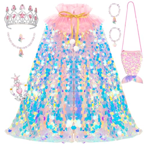 Meland Princess Dress Up for Girls 3-8, 11Pcs Mermaid Cape with Crown, Dress Up Clothes Birthday Gift Toys for Girls Toddlers