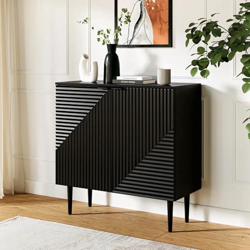 Image of Prism Pattern Wooden Sideboard Cabinet | 2 Door Storage Unit with Metal Legs | Premium HDMR Wood Console Cabinet for Living Room, Kitchen & Dining | DIY Leg Assembly(Black)