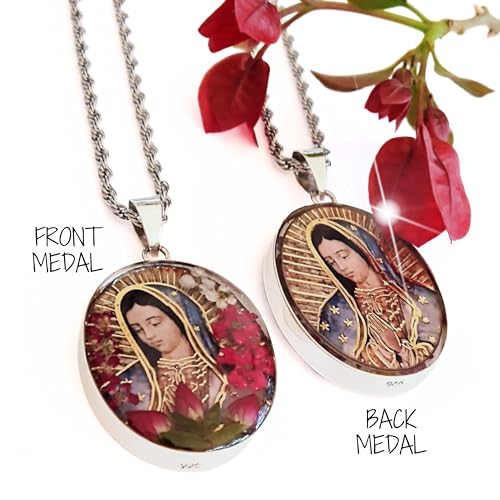Virgin Mary Necklace Lady of Guadalupe Pendant Medal Pressed Red Flower 925 Sterling Silver with 20" Stainless Steel Chain Medalla Virgen Maria Catholic Religious Mexico Jewelry -Handmade by Mexican Artisans2
