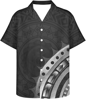 GLUDEAR Mens Polynesian Tribal 3D Print Casual Button Down Short Sleeve Cuba Collar Shirt