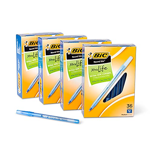 Image of BIC Round Stic Xtra Life Ballpoint Pen, Medium Point (1.0mm), Blue, Flexible Round Barrel For Writing Comfort, 144-Count