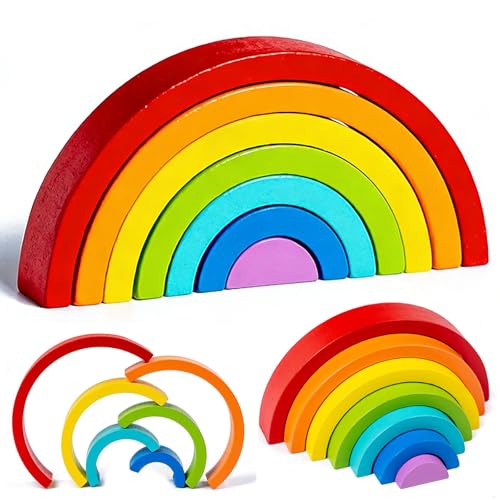 Tupinerq Regenbogen Spielzeug Regenbogenstapler für Regenbogen Bausteine Holz Vorschule Stapeln Spielzeug Bogen für 14 Jahre und älter (Sieben Farben)