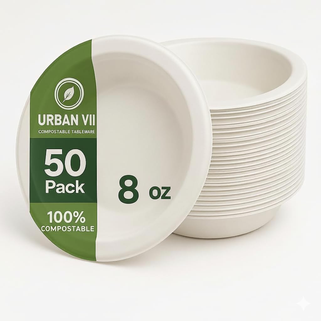 32 oz Compostable Paper Bowls [250-Pack] – Heavy-Duty & Leak-Resistant Disposable Bowls, Natural Sugarcane Bagasse Fiber, Microwave-Safe, Eco-Friendly for Parties, Catering & Everyday (50, 16 Oz)