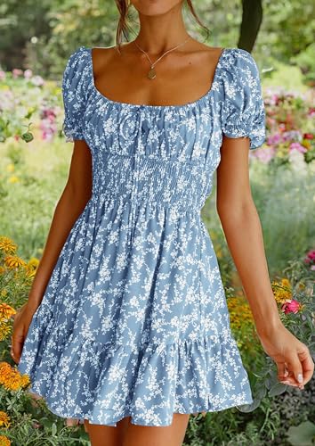 Image of Imily Bela Womens Summer Dress Ruffle Sleeve Sqaure Neck Smocked Sun Dress Casual Boho Beach Floral Mini Dress