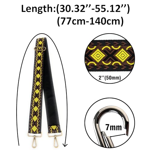 Image of Black Yellow Boho Diamond Purse Strap with Bronze Hardware 2 Inch Wide Replacement Crossbody Guitar Style Shoulder Strap for Handbags Totes