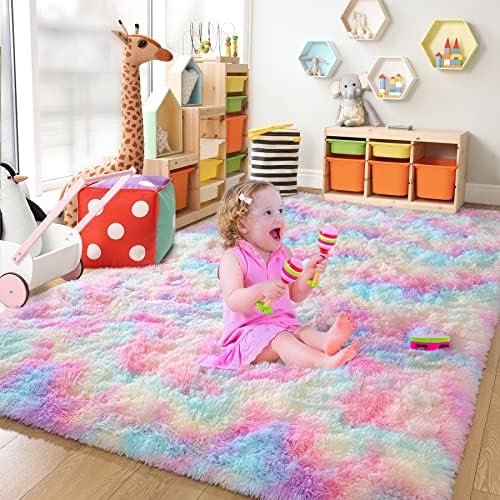 Chicrug Cute Rainbow Area Rug for Girls Bedroom, 2x6 Feet Fluffy Kids Rug for Room Decor, Shag Soft Dorm Playroom Rug, Bedside Rug for Baby Nursery Room