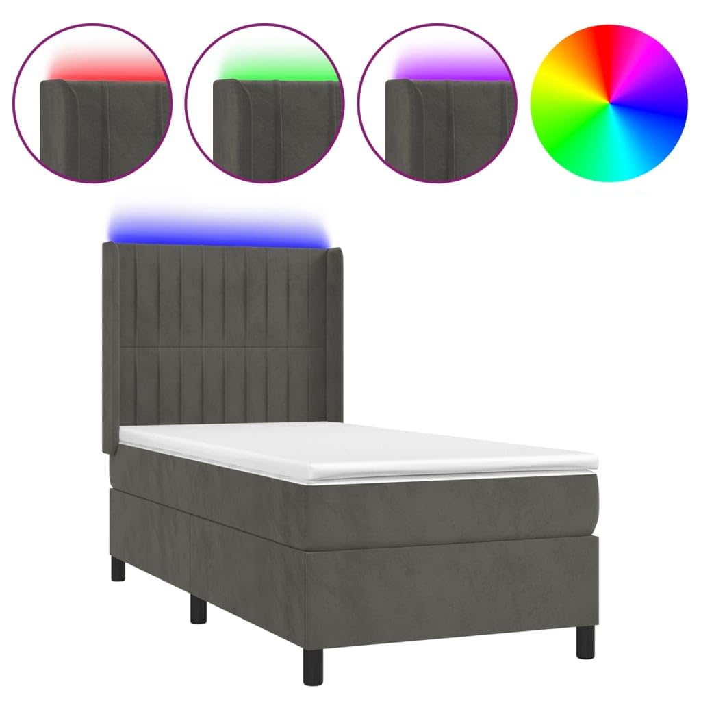 3139656 łóżko kontynentalne z materacem i materacem LED, ze skrzynią na pościel, ciemnoszare, 90 x 190 cm, aksamitne