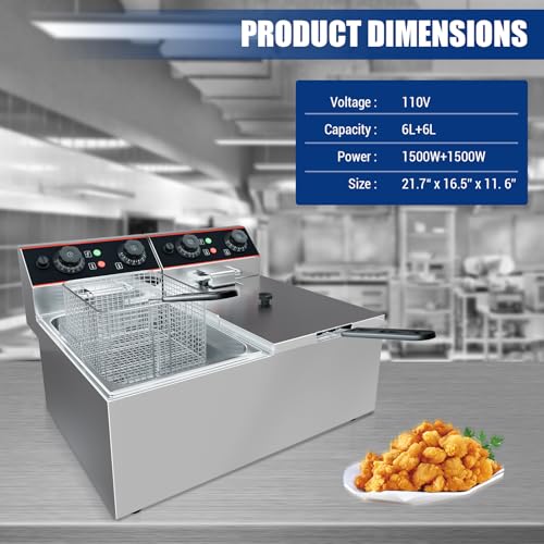 Commercial Deep Fryer, 12.6 QT Electric Deep Fryer with Double Basket and Lid, Stainless Steel Deep Fryer with Independent Temperature Control for Restaurant or Home Use, 1500W+1500W