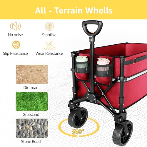 Image of ROSONG Collapsible Wagon Cart with Wheels Foldable - Folding Utility Heavy Duty Wagons Carts for Grocery Sports Garden Shopping Camping Wheelbarrows, Burgundy