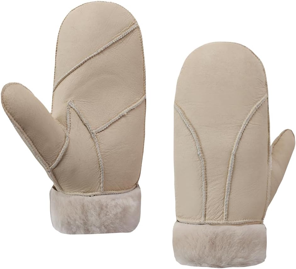 MGGMOKAY Women Leather Mittens Shearling Sheepskin Fur Lined Winter Mitten Gloves