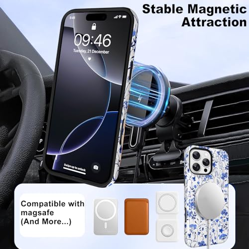 Image of Magnetic for iPhone 16 Pro Max Case with Finger Strap Kickstand [Compatible with Magsafe] Cute Floral Flower Pattern Design, Dual-Layer Shockproof Protective Cover for Women Men, Blue