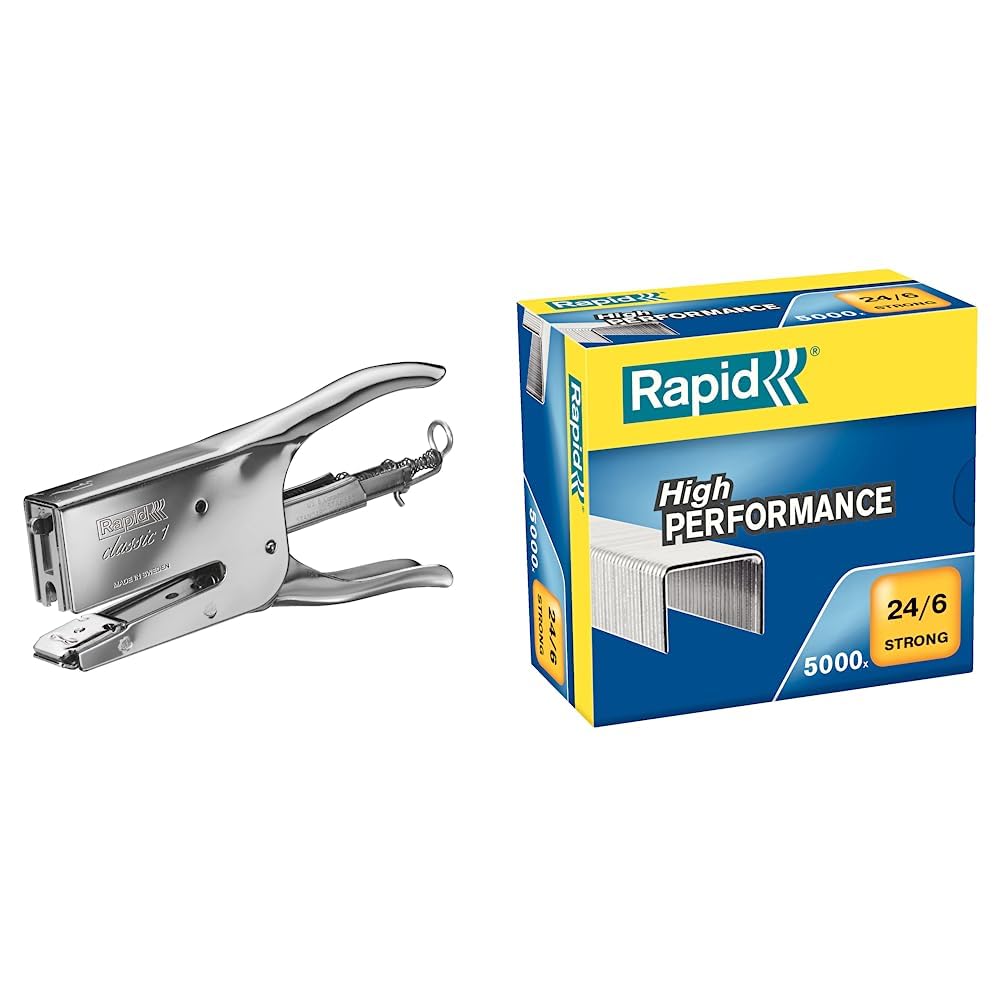 Rapid 10510601 Heftzange K1 (Metall, Heftleistung 50 Blatt, Heftklammerntyp 24) chrom & Heftklammern (24/6 mm, Strong, verzinkt) 5000 Stück