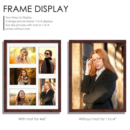 Image of DUENPY 11x14 Collage Picture Frame 4x6 Collage Picture Frame Displays Five 4x6 inch Photos or 11x14 (Without Mat) Wall Decor Wall Hanging or Tabletop Redwood