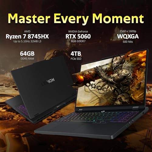 Image of Lenovo Legion Pro 5 AI-Powered Gaming Laptop, 16 inch WQXGA 165Hz, AMD Ryzen 7 8745HX, GeForce RTX 5060 GDDR7, 64GB DDR5, 5TB Storage (4TB SSD+1TB Docking Station), RGB Backlit Keyboard, Win 11 Pro, Black