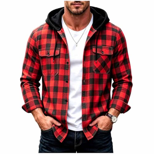 Carydety Plaid Shirt Jacket for Men Fall Hooded Long Sleeve Button Up Shirt