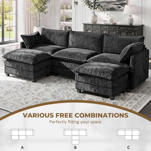 Image of 112 inch U-Shape Modular Sofa with 2 Ottomans, Deep Seat Cloud Convertible Sleeper, 2 Arm Pillows, Comfortable Upholstered Furniture for Living Room Apartment, Black
