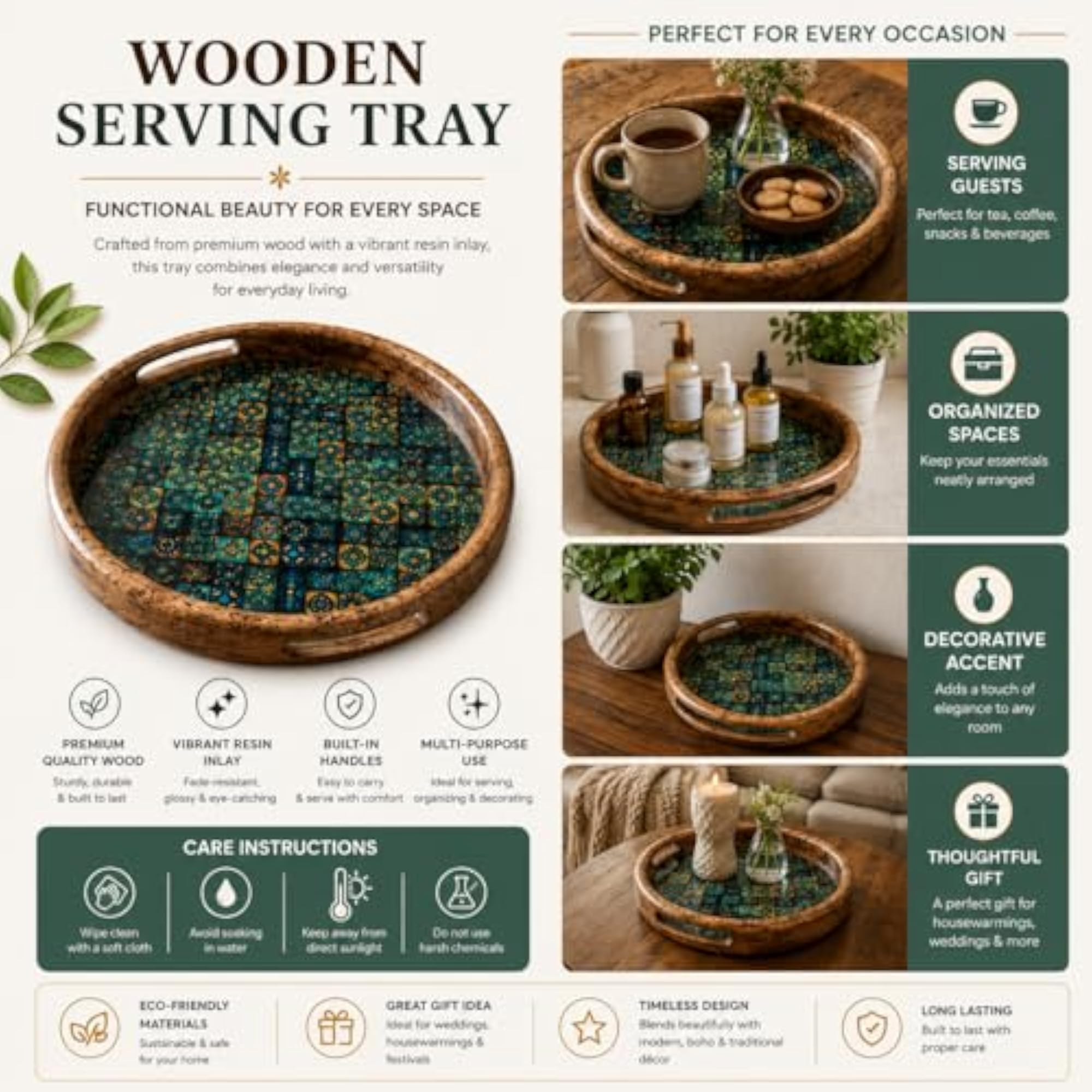Royal Bloom Mango Wood Serving Tray, Elegant Design
