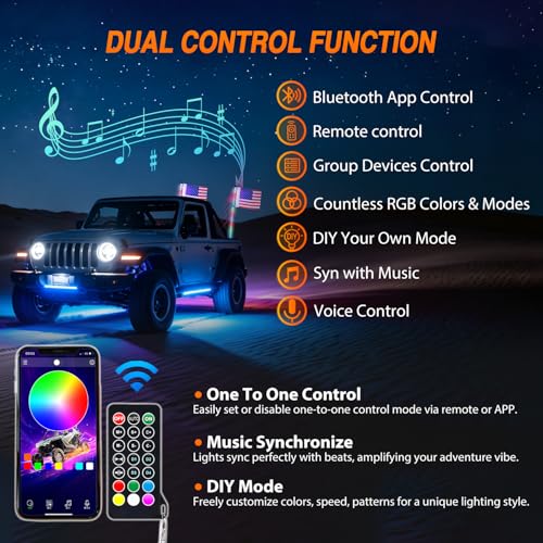 Image of Nilight LED Whip Light 2PC 4FT Spiral RGB Antenna Whips with Spring Base, App /Remote Control DIY Chasing Patterns Brake & Reverse Turn Signal Lights for Side by Side ATV UTV RZR Can-Am Buggy Jeep