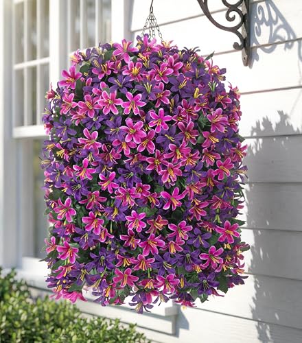 Hoppwodd Artificial Flower for Outdoors 4pcs Fake Lily Hanging Flower Baskets for Outside UV Resistant Silk Faux Long Trailing Vines for Garden Porch Patio, Fuchsia & Purple