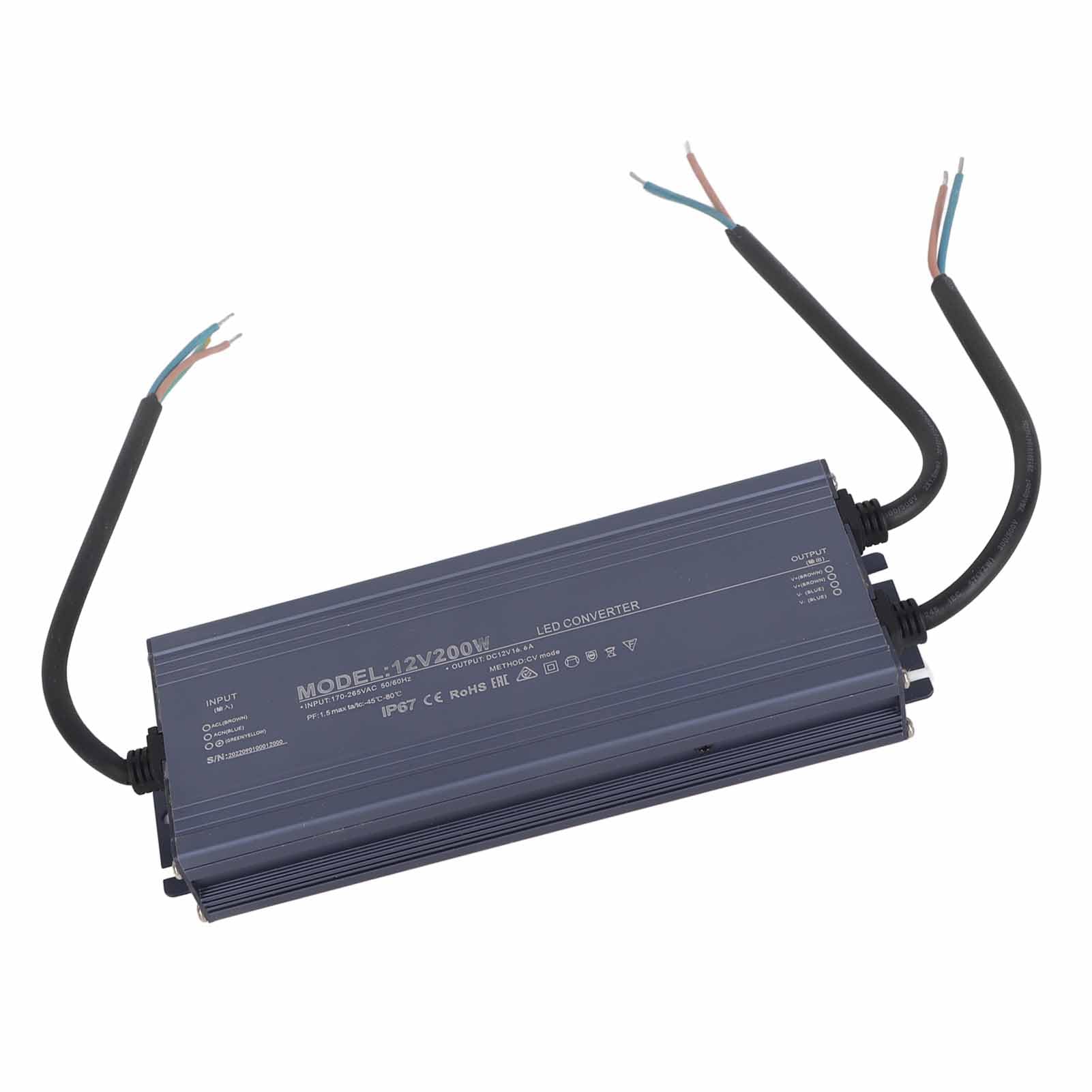 Wodoodporny Zasilacz 200W IP67 o Stałym Napięciu (12 V) | Obudowa ze Stopu Aluminium, Sterownik LED do Pasków i Szyldów, Przewód Zasilający z Rdzeniem Miedzianym, Kamery i Sprzęt