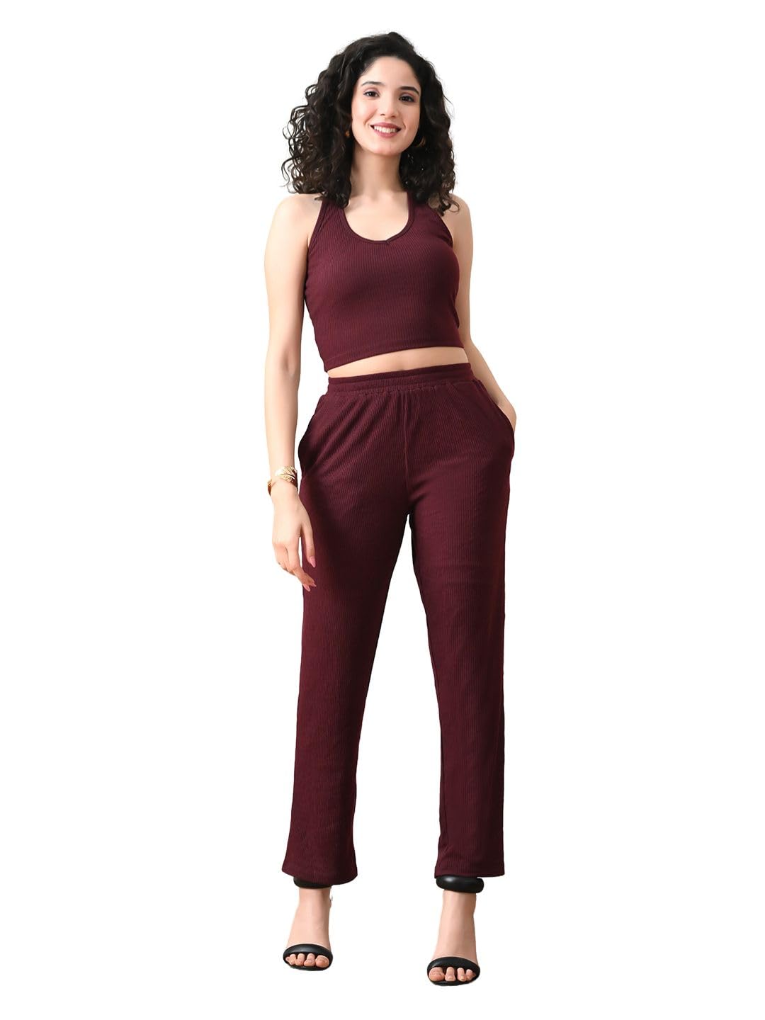 unifringe Women's Ribbed Co-ord Set | Sleeveless Crop Top & Straight Pants | Soft Stretchy Polyester-picture-23