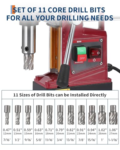Image of Magnetic Drill Press Kit, 1.57 inch Capacity, 1450W Electric Mag Drill with 11 Coring Bits, Plastic Box & Adapter, 820RPM, 2922LBF Force, Double Dovetail Design, for Industrial, Workshop and Home Use
