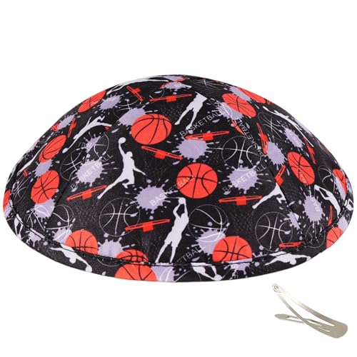 Zion Judaica Basketball Design Kippah for Adults and Kids Sports Kipah Printed Kippot Favorite Hobby Yamaka with Clips Theme Yarmulke for Bat/Bar Mitzvah Wedding Bris Souvenir Yamukas Jewish Skullcaps