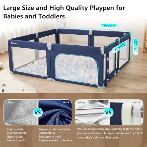 Image of Large Baby Playpen for Babies and Toddlers 79x71 Inch, Adjustable Foldable Indoor & Outdoor Play Pen for Toddlers Twins Baby Fence Play Yards with Breathable Mesh Anti-Fall Playpen,Blue