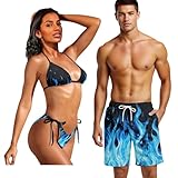 Howilath Blue Flame Print Matching Swimwear for Couples Quick Dry Men's Swimming Trunks & Women's Bikini Sets, Fashion Summer Beach