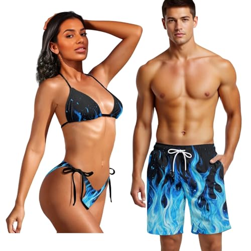 Howilath Blue Flame Print Matching Swimwear for Couples Quick Dry Men's Swimming Trunks & Women's Bikini Sets, Fashion Summer Beach