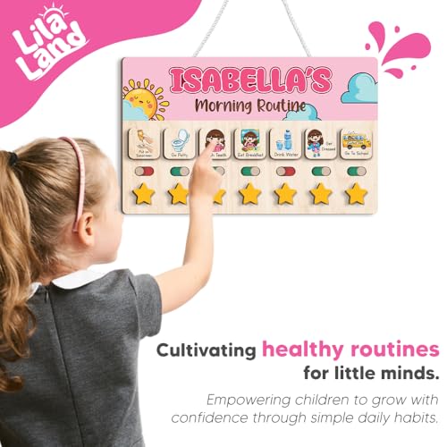 Image of Personalized Wooden Chore Chart for Kids, Daily Routine Chart for Toddlers, Visual Schedule for Kids Age 3-5, Morning Bedtime Routine for Girls (01)