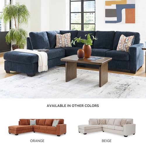 Image of Signature Design by Ashley L-Shape Navy Blue Sectional Sofa with Chaise | Plush chenille fabric for living rooms, 110-inch L-shaped layout, Sag-resistant platform foundation, Aviemore Series