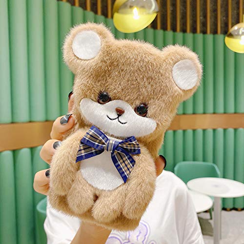 Palizufio Plush Case for Samsung Galaxy S24 5G with Screen Protector,Fluffy Furry Silicone Case with Stand,Cute 3D Fuzzy Bear Shaped Bow-Knot Doll for Kids Girl Soft Hairy Warm Case,Brown