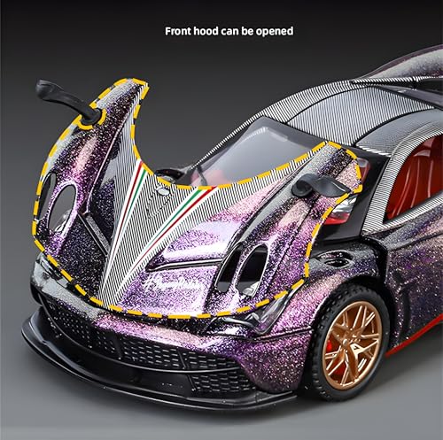 Image of 1:32 Scale Pagani Die-Cast Model Car - Alloy Metal Body Toy Car with Openable Doors, Pullback Action, Light & Sound Effects (Pagani Purple)