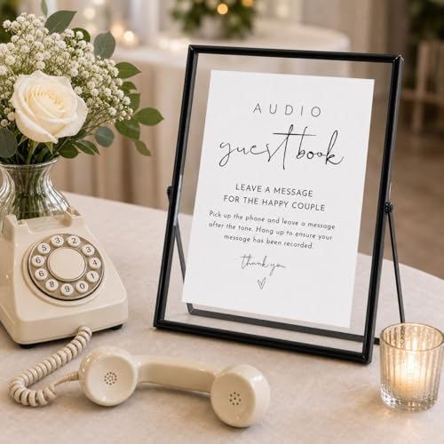 Image of Calculs Audio Guest Book Sign, Black 8x10 Floating Picture Frame | Double glass metal frame, fits 6x8 insert, audio guest book table, reusable tabletop frame for signs and photos