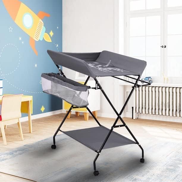 Clefairy Baby Changing Table Portable Folding Diaper Changing Station with Wheels, Adjustable Height Mobile Nursery Organizer with Safety Belt and 2 Large Storage Racks for Newborn Baby Infant