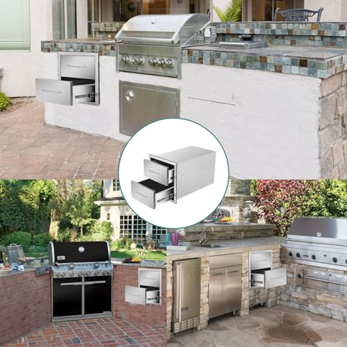 Image of Outdoor Kitchen Drawers 14 inch W x 15 inch H x 23 inch D Stainless Steel Drawer BBQ Double Drawers with Chrome Handle for Outdoor Kitchen Island, Patio Grill Station